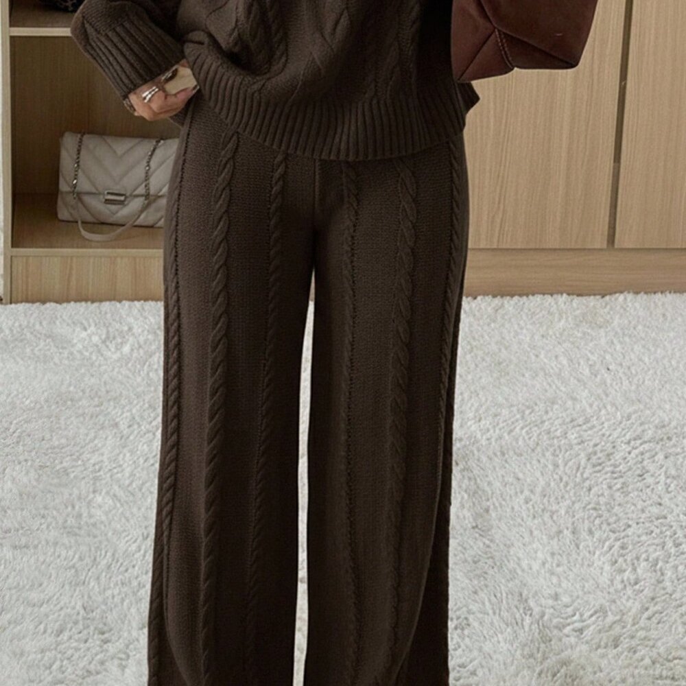 Coffee Brown Casual Women's Round Neck Long Sleeve Sweater And Pants Set - Picture 5 of 5
